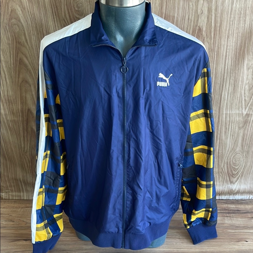 NWT Puma Peacoat Check Woven T7 Track Jacket, Navy Blue & White, Sizes XL